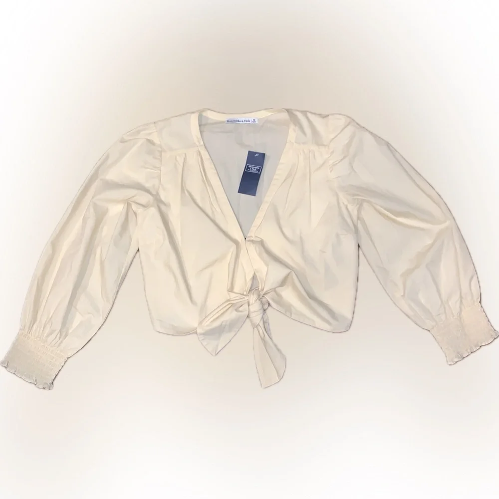 Abercrombie & Fitch Butter Yellow Peasant Sleeve Tie Front Cropped Top Shirt XS